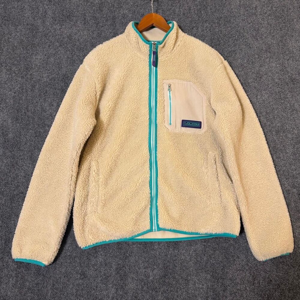 VOLCOM Mens Muzzer Fuzzar Fleece High Pile Zip-Up Jacket Size Medium Khaki Tan